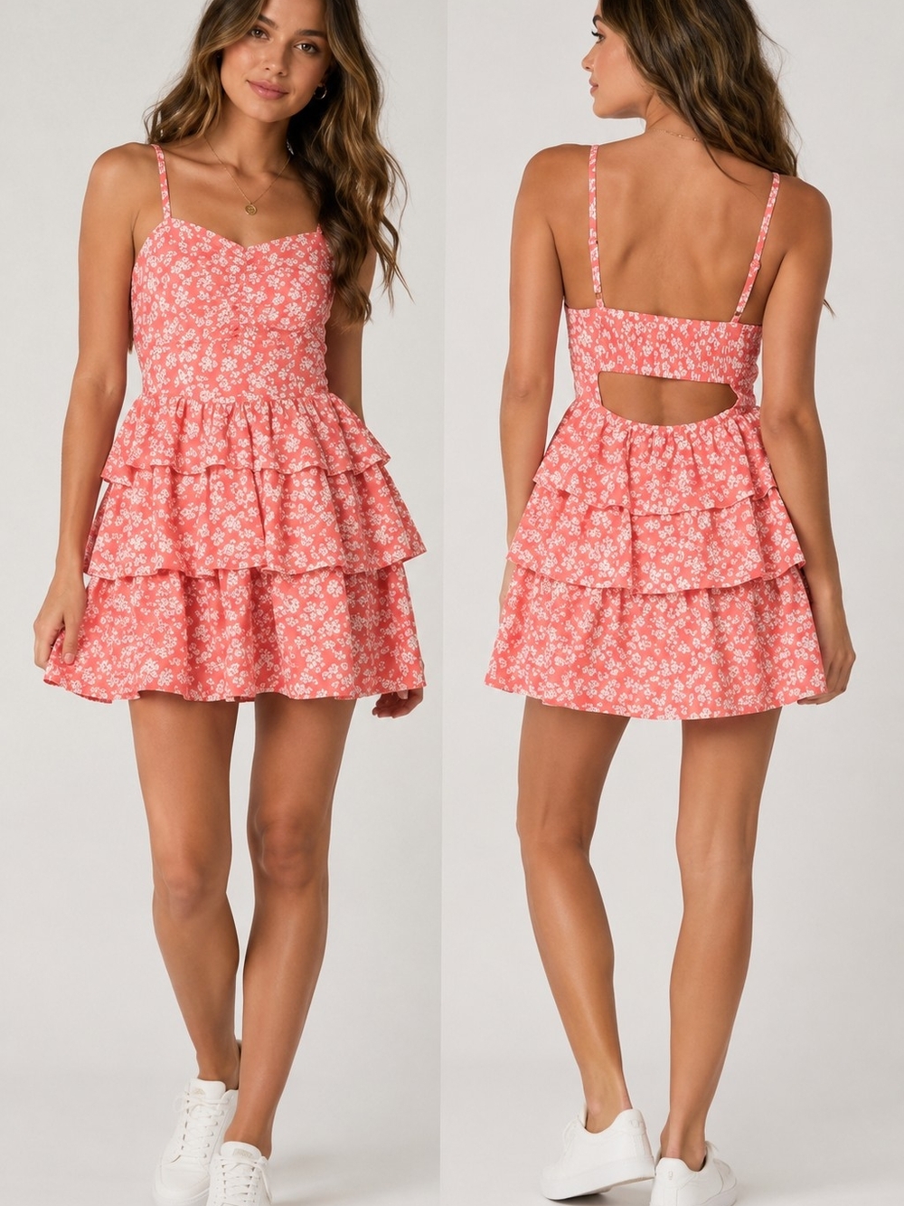 NWT Arizona Jean Co. Coral Floral Tiered Ruffle Mini Dress Open Back Size Medium